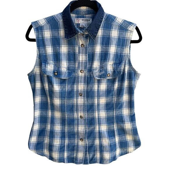 Guess Vintage 90s Womens Blue Plaid Sleeveless Denim Collar Button-Up Shirt M - Picture 1 of 10